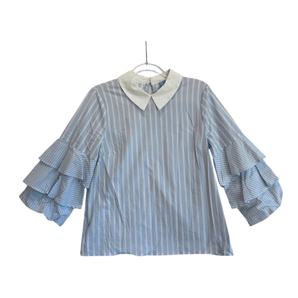 CeCe Blue White Stripe Ruffle Sleeve Blouse Peter Pan Collar M coastal preppy - Picture 2 of 8